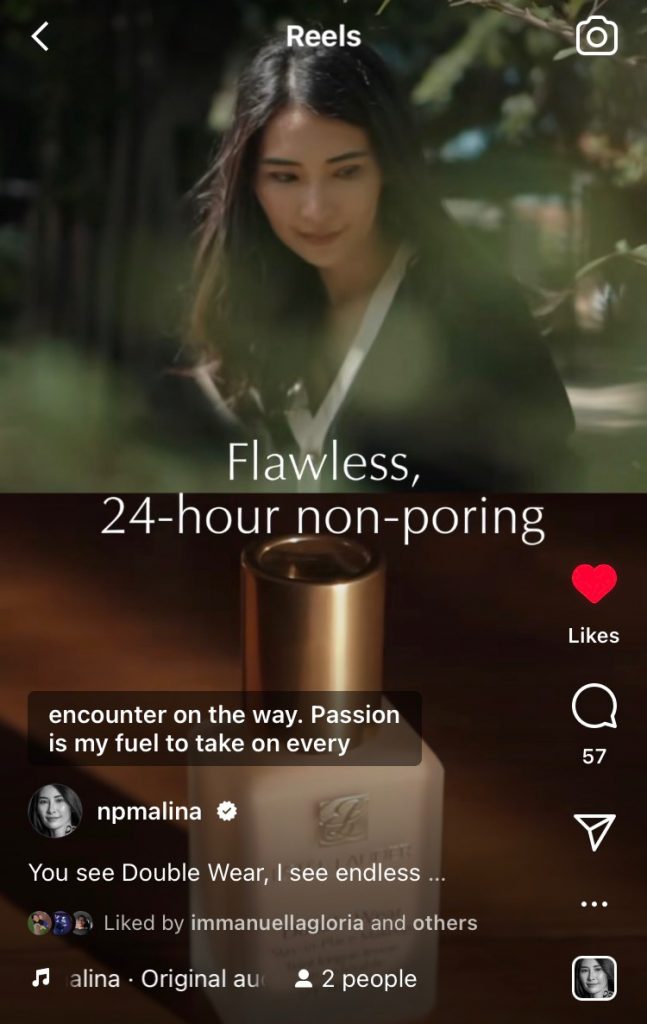 Screenshot influencer marketing produk makeup high-end oleh influencer dan fotografer, Nicoline Patricia Malina di Instagram Reels. 